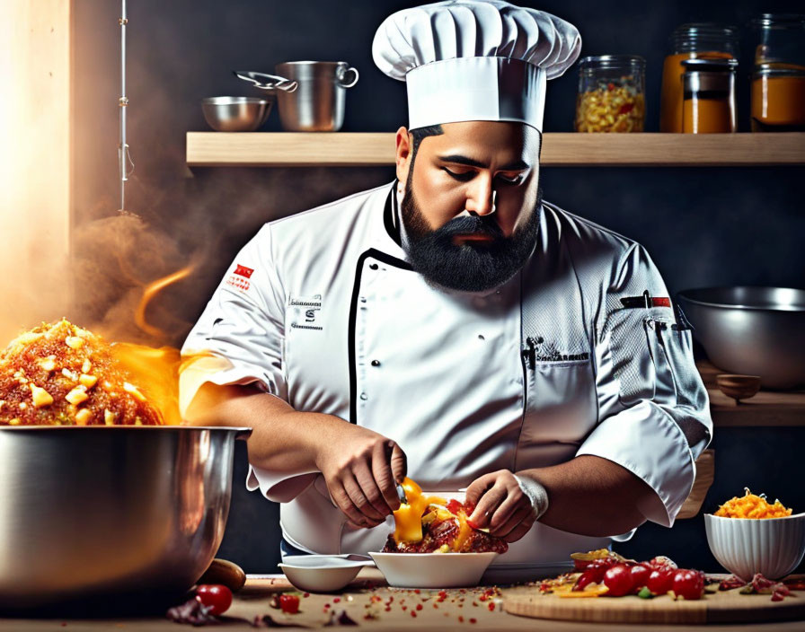 Chef garnishing dish with steam in kitchen environment