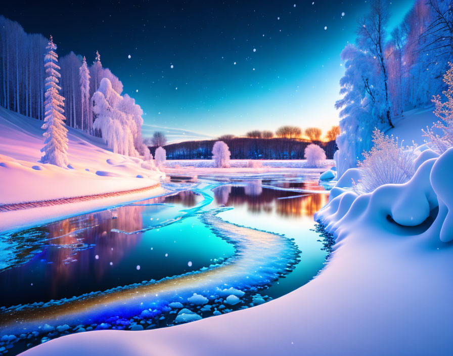 Winter Twilight: Serene Landscape with Snow-Covered Trees