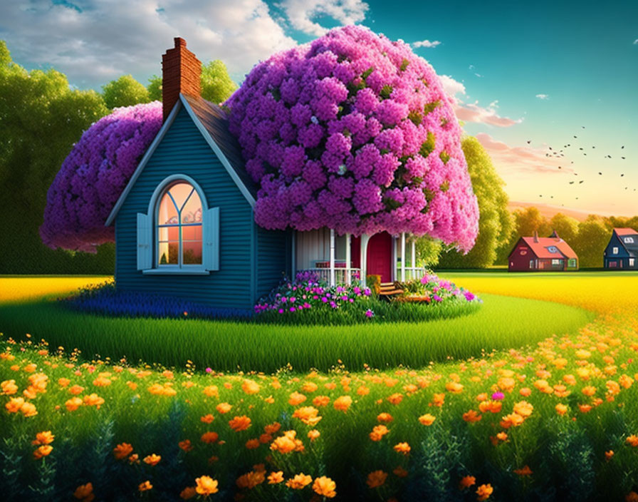 Blue house with red roof among purple and yellow flowers in sunny garden