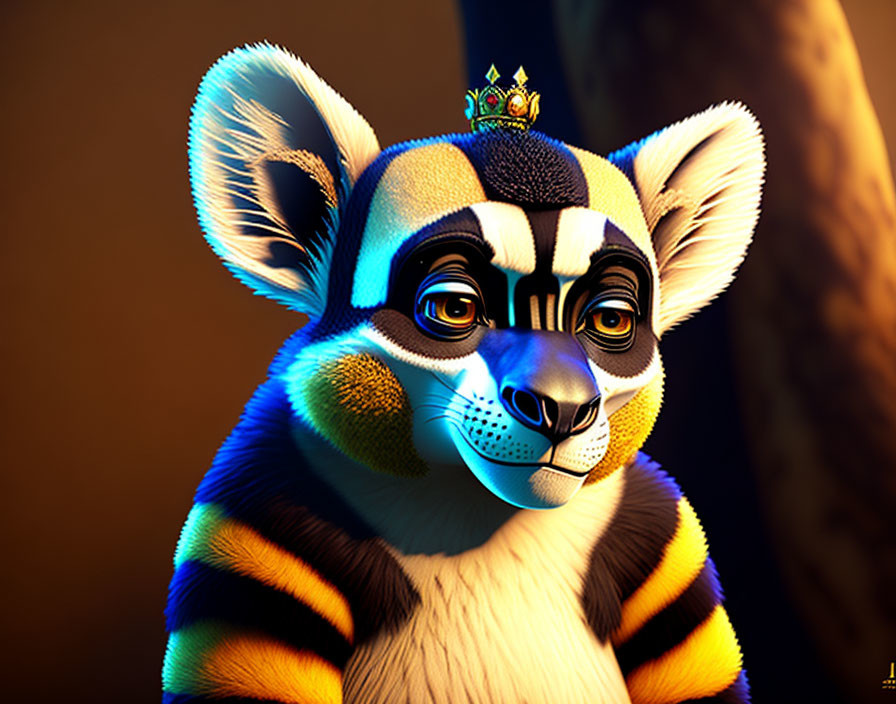 Colorful Stylized Digital Art: Lemur with Crown, Stripes, and Expressive Eyes