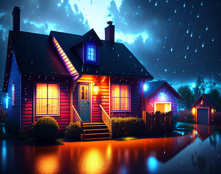 Cozy illuminated house at night under starry sky with falling raindrops