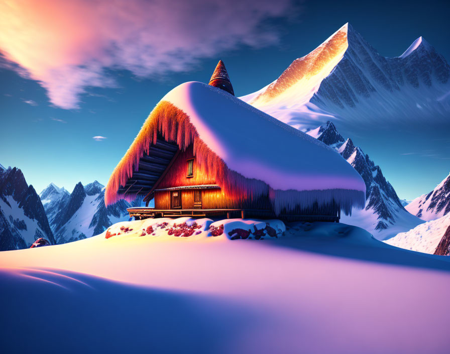 Snow-covered wooden cabin nestled among mountain peaks at sunset