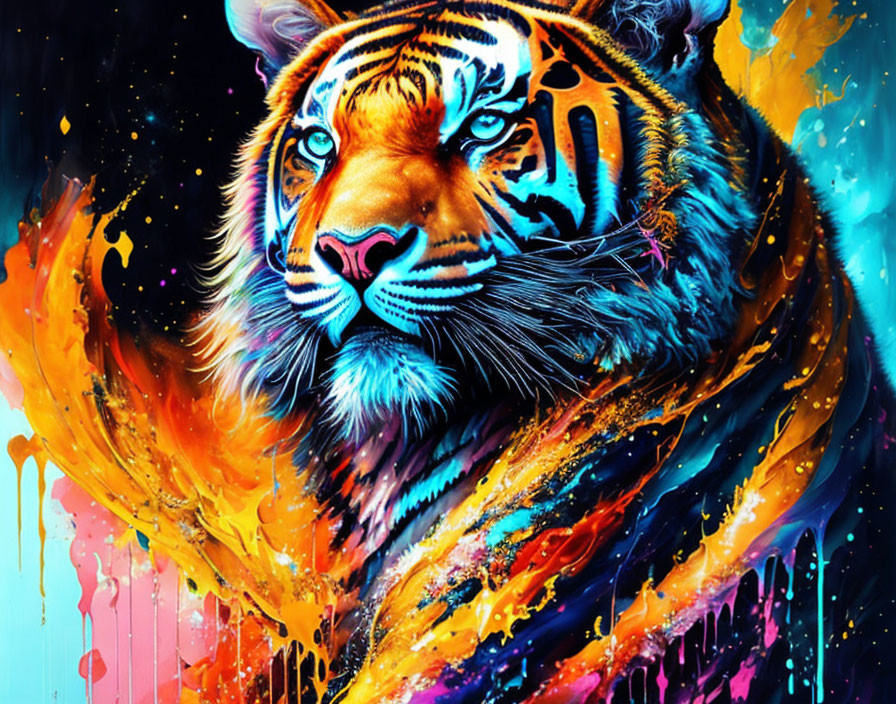 Colorful digital artwork: Tiger with intense blue eyes in fluorescent burst