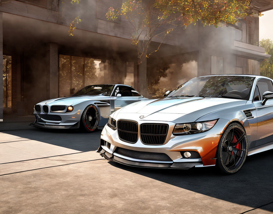 Customized BMW cars with aggressive body kits and custom wheels parked side-by-side in shaded area.