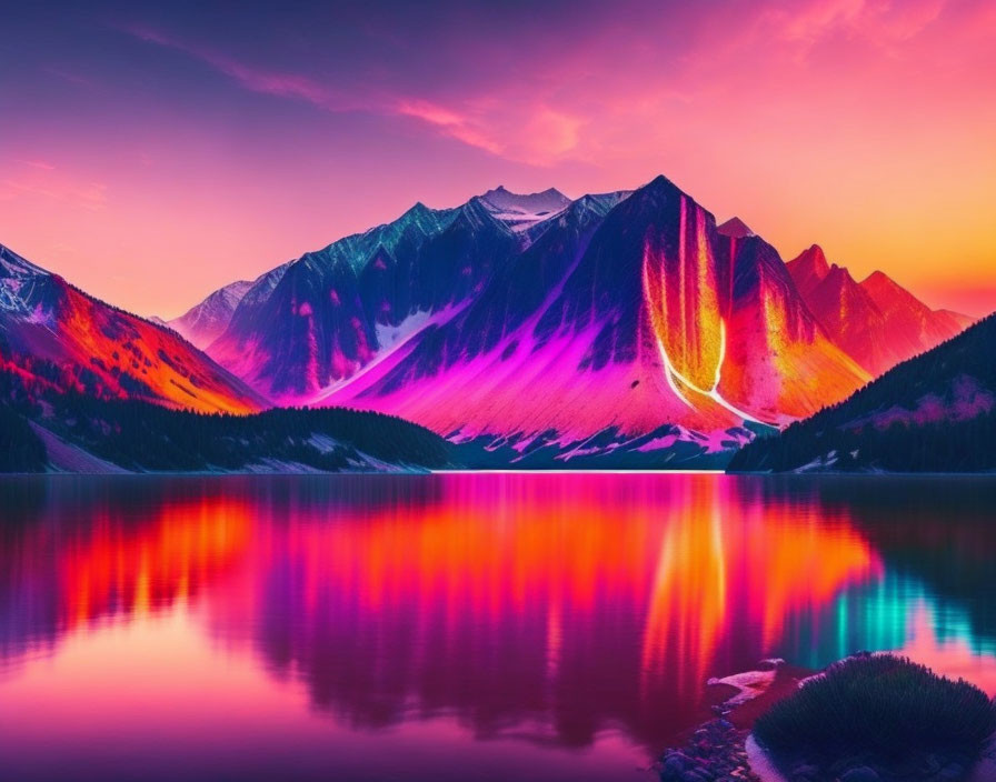 Serene mountain lake at sunset with pink and purple hues reflected on water