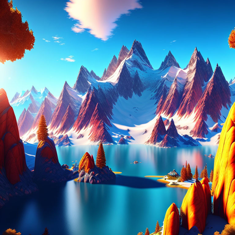 Colorful digital landscape: sharp mountains, blue lake, red foliage, cloud-streaked sky