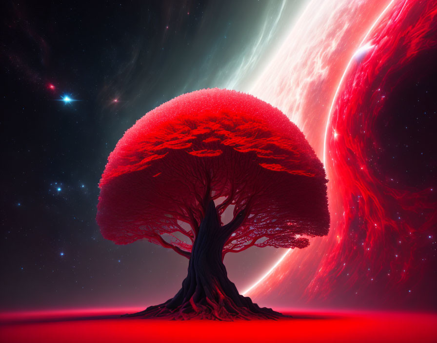 Solitary Tree with Vibrant Red Canopy Against Cosmic Starry Sky