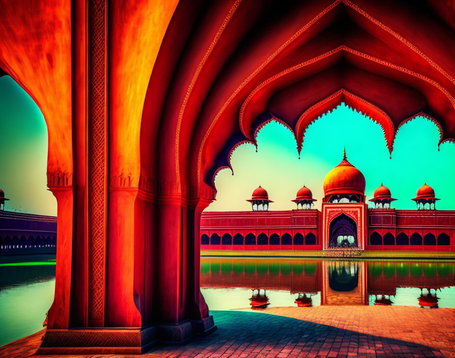 Traditional Indian palace with ornate arches and vibrant sunset hues