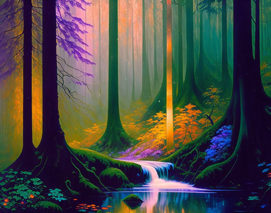 Enchanting forest scene with glowing trees and stream