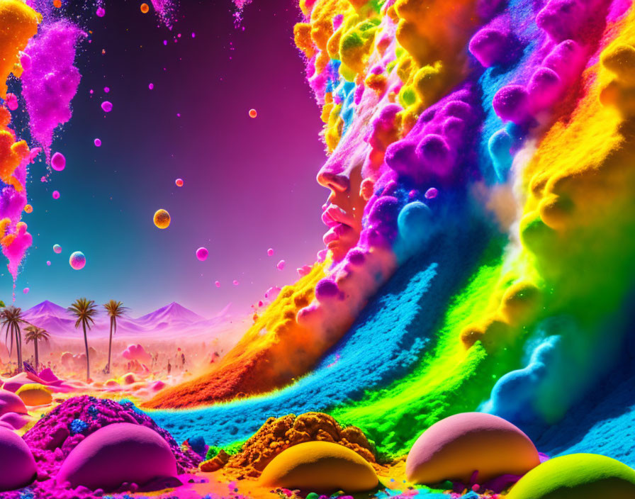 Colorful Psychedelic Landscape with Palm Trees and Mountains