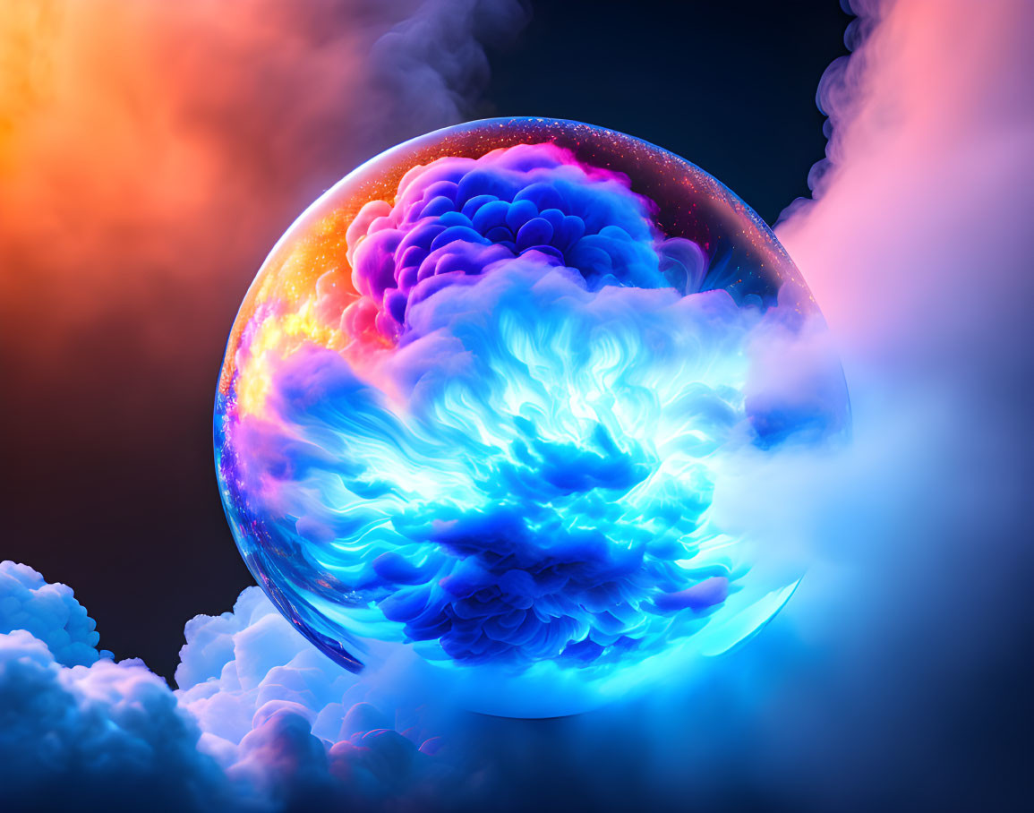 Colorful surreal brain-like structure in translucent sphere on orange and blue clouds