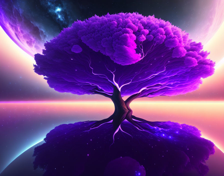 Colorful surreal digital artwork: Purple tree on celestial background