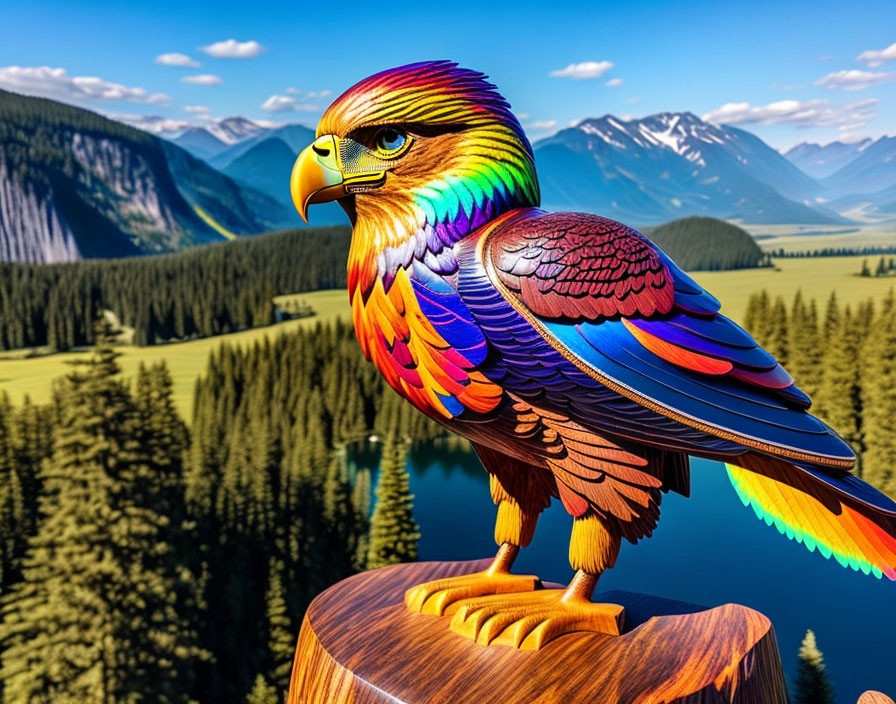 Multicolored eagle sculpture on wooden base with mountain backdrop