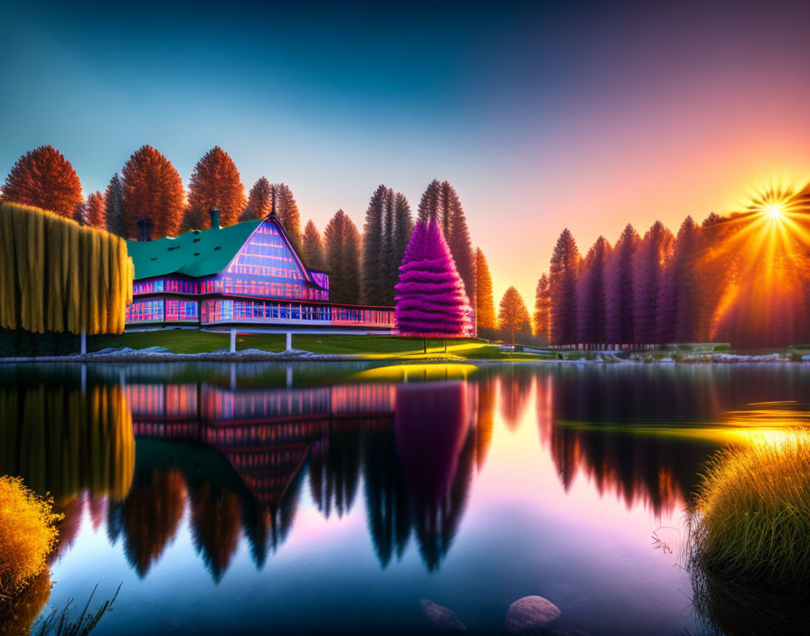 Colorful Sunset Behind Modern House Reflecting on Lake