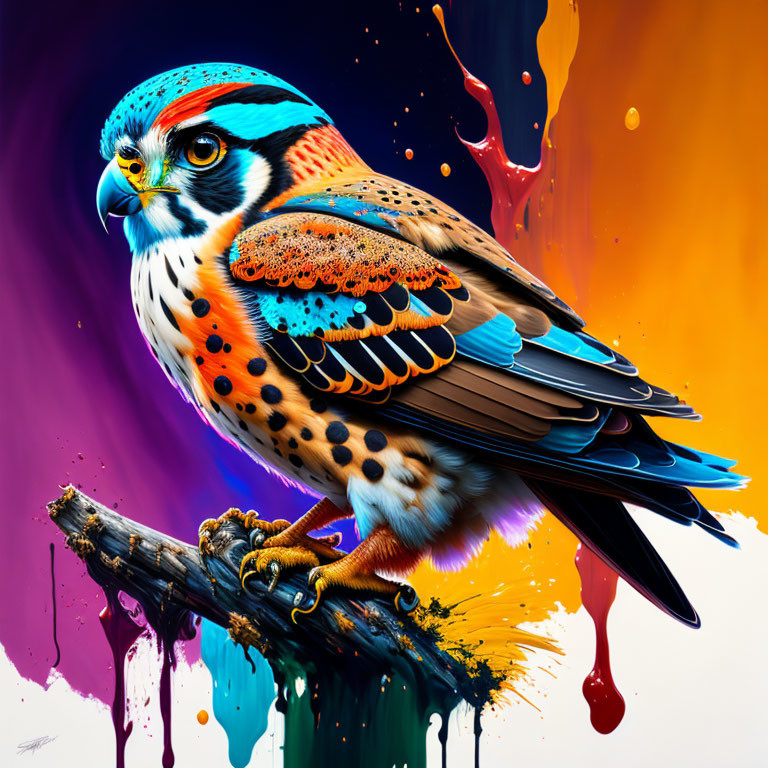 Vibrant falcon digital artwork on branch with colorful patterns