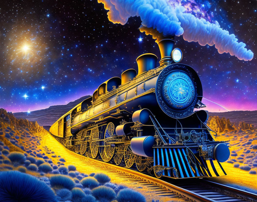 Colorful steam locomotive on night tracks with starry sky & nebulae