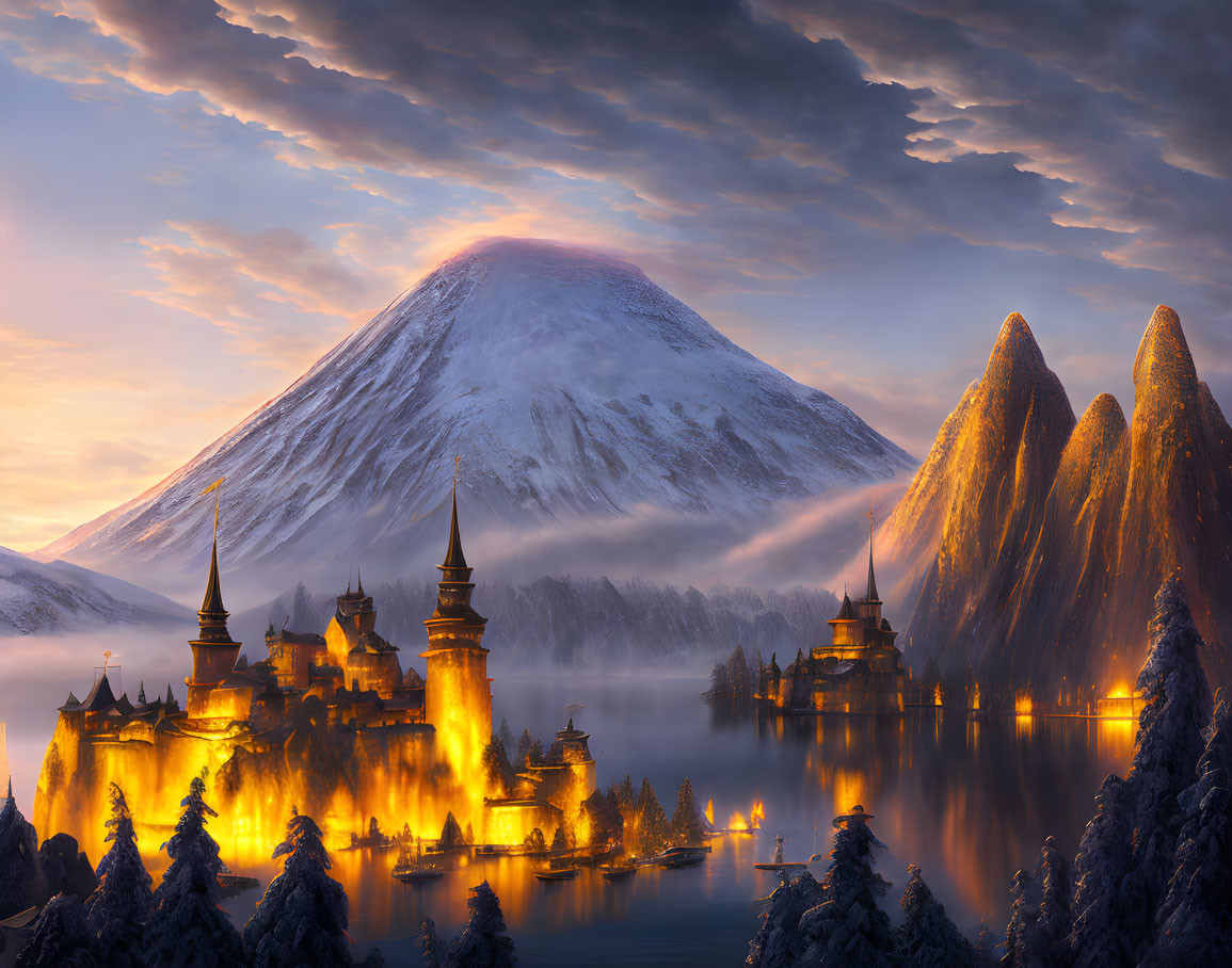 Snow-capped mountain and castles in twilight lake scene