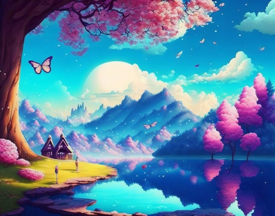 Pink Blooming Trees, Serene Lake, Cottage, Sunbeams, Butterflies in Fantasy Landscape