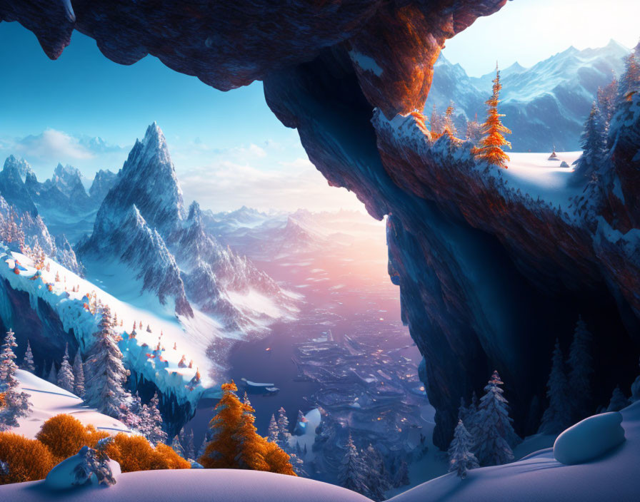 Snow-covered trees and mountains in surreal winter landscape at sunrise