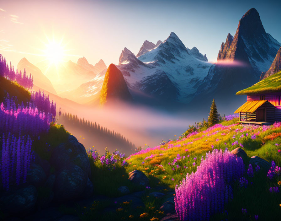 Vibrant mountain valley sunrise with wildflowers, cabin, mist, and majestic peaks