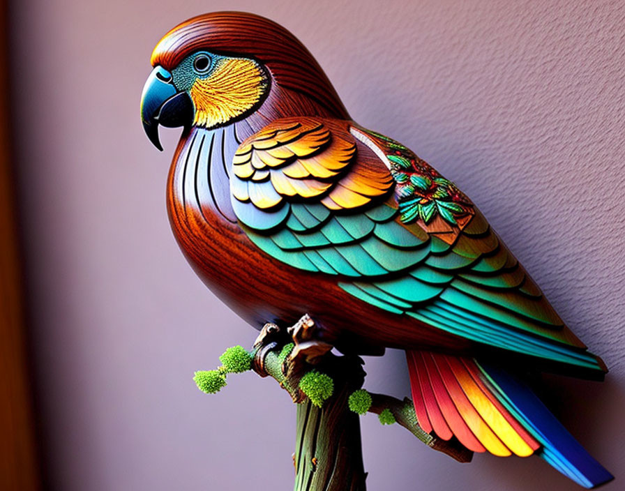 Vibrant Wooden Parrot Sculpture on Branch in Purple Setting