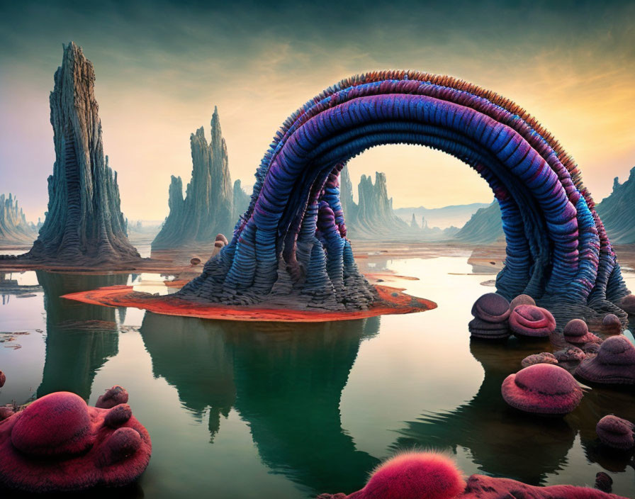 Colorful banded rock formations in surreal landscape with alien-like towers and flora