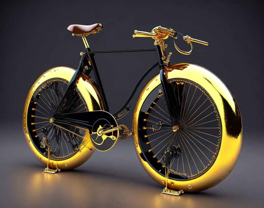 Luxurious Golden Bicycle with Black Accents and Reflective Wheels