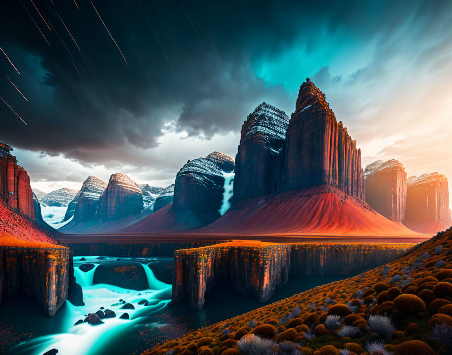 Snow-Capped Red-Rock Spires Under Star-Streaked Sky