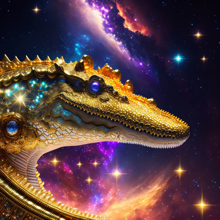 Golden Dragon Head with Jewels in Cosmic Background