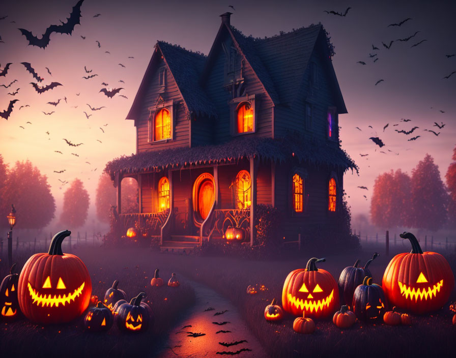 Haunted house, jack-o'-lanterns, bats, and eerie orange glow in spooky Halloween scene