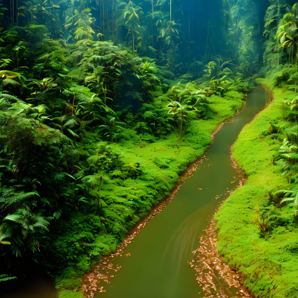 Tranquil river in lush tropical forest with misty trees