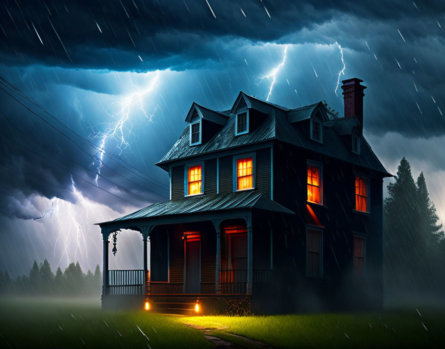 Two-story house illuminated in stormy weather