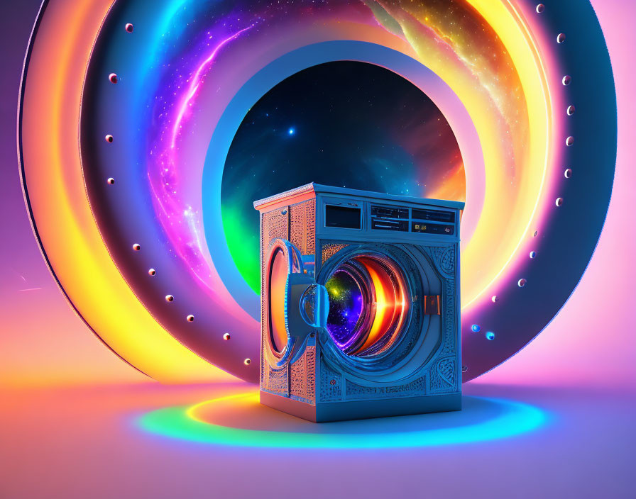 Surreal washing machine door open to cosmic vortex on vibrant backdrop