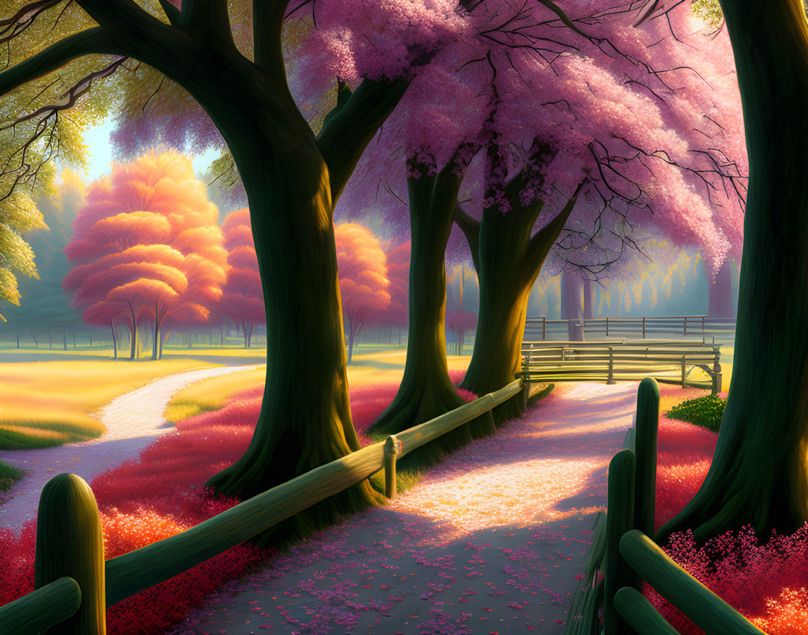 Tranquil Park Scene with Pink Cherry Blossoms at Sunset