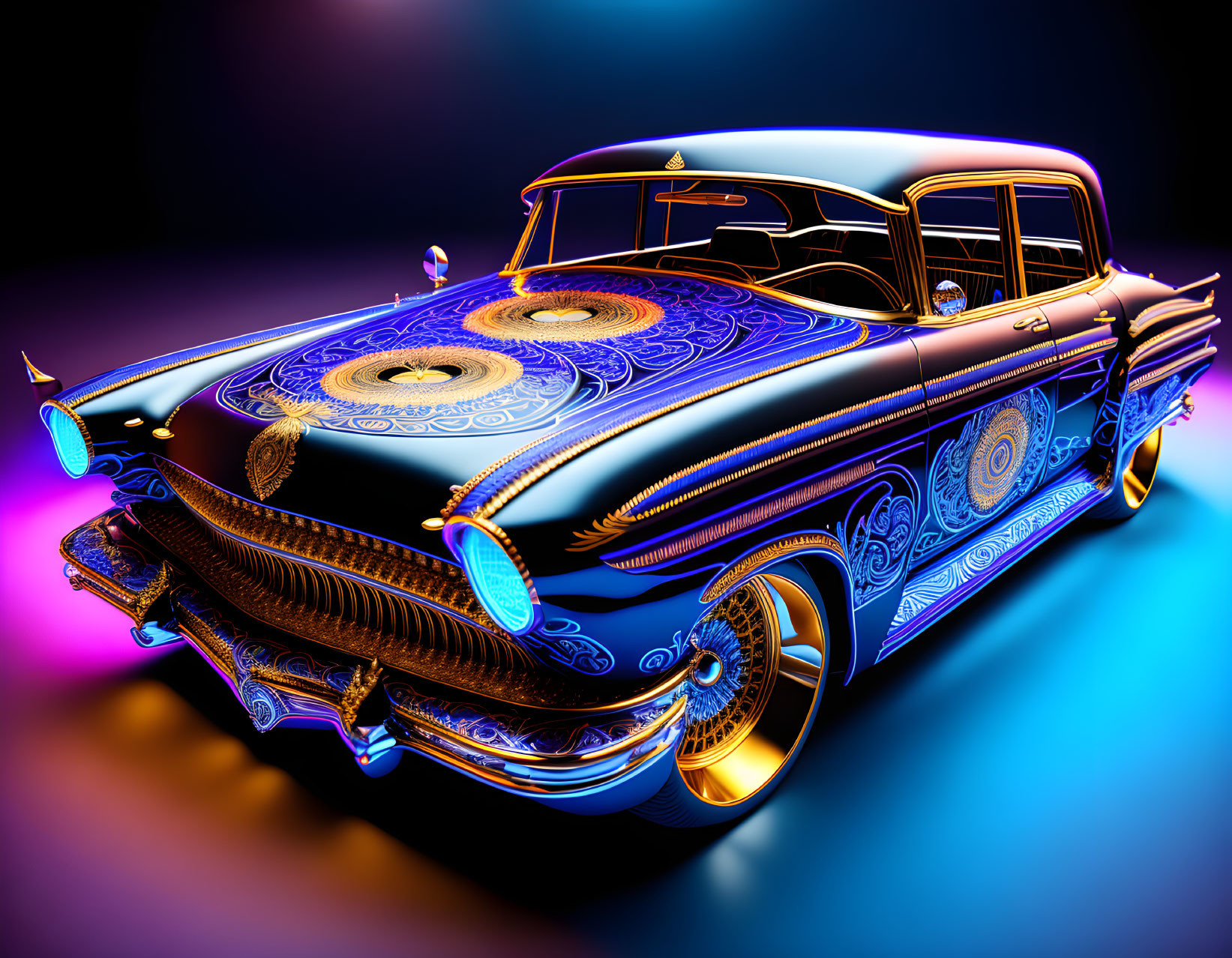 Colorful Classic Car Illustration on Purple and Blue Gradient Background