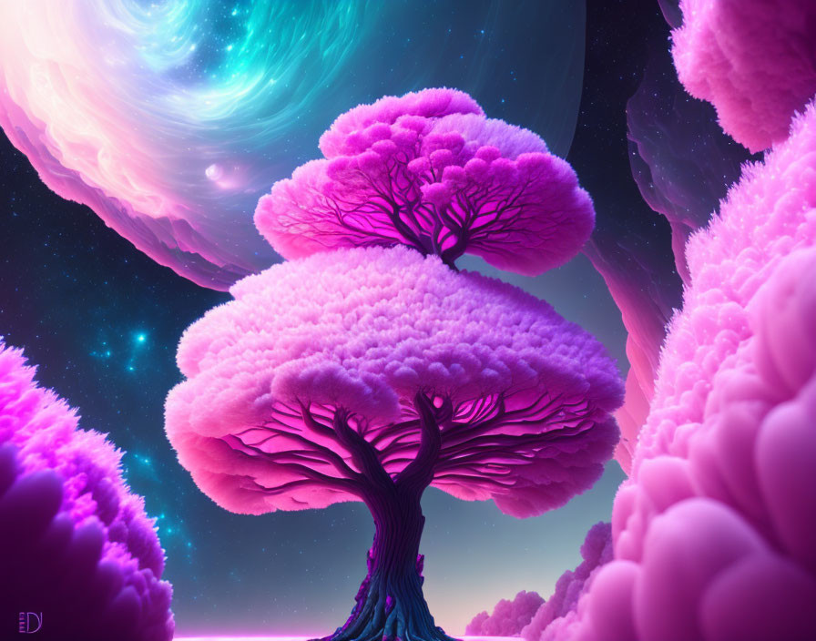 Colorful digital art: Pink tree-like forms under cosmic sky.