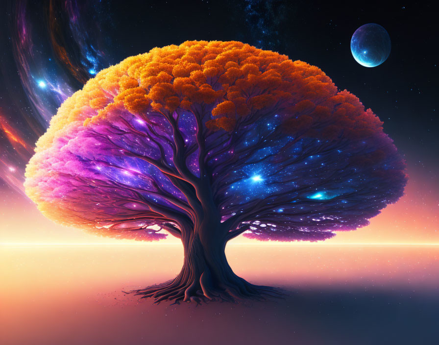 Colorful Tree with Orange to Purple Leaves in Starry Sky with Blue Planet and Nebula