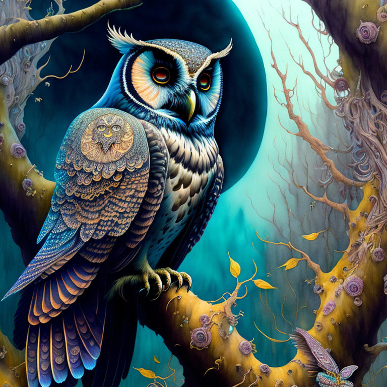 Vibrantly colored owl in enchanted forest with surreal elements