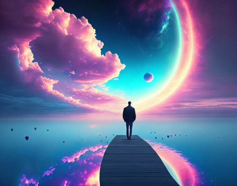 Person gazes at surreal sky with vibrant clouds and neon aurora over tranquil waters