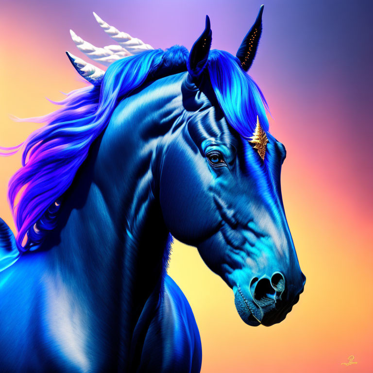 Mythical blue horse with golden horn and feathers on vibrant purple and orange background