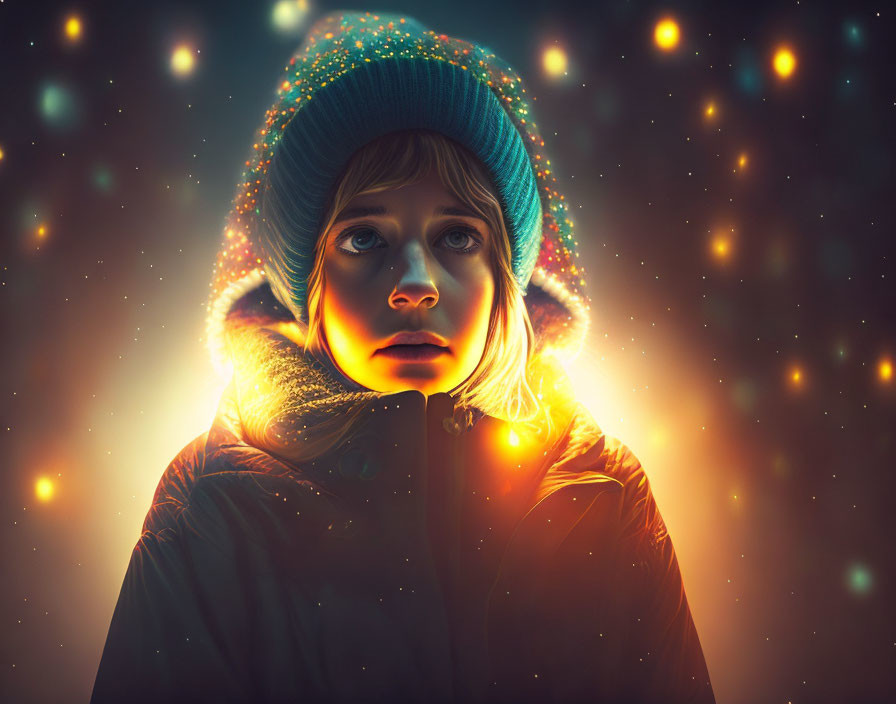 Child in Teal Winter Hat in Soft Glow Against Starry Night