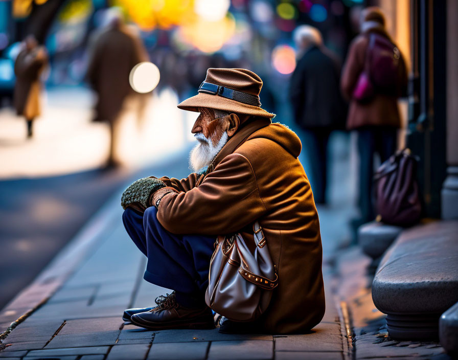 Elderly man in white beard, hat, and brown coat, sitting on busy street curb.