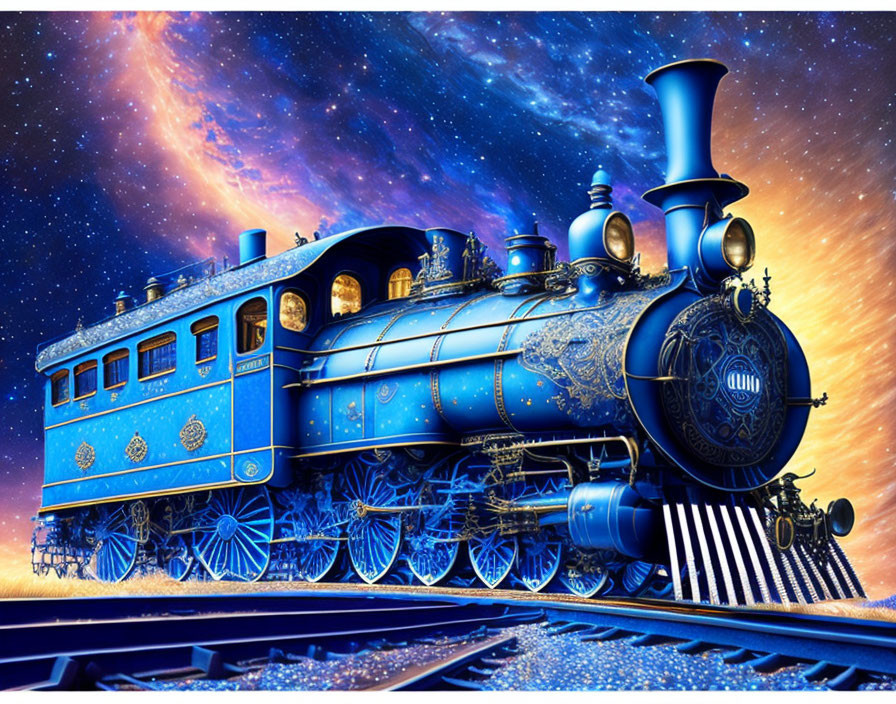 Vibrant blue vintage steam locomotive on cosmic background with gold accents