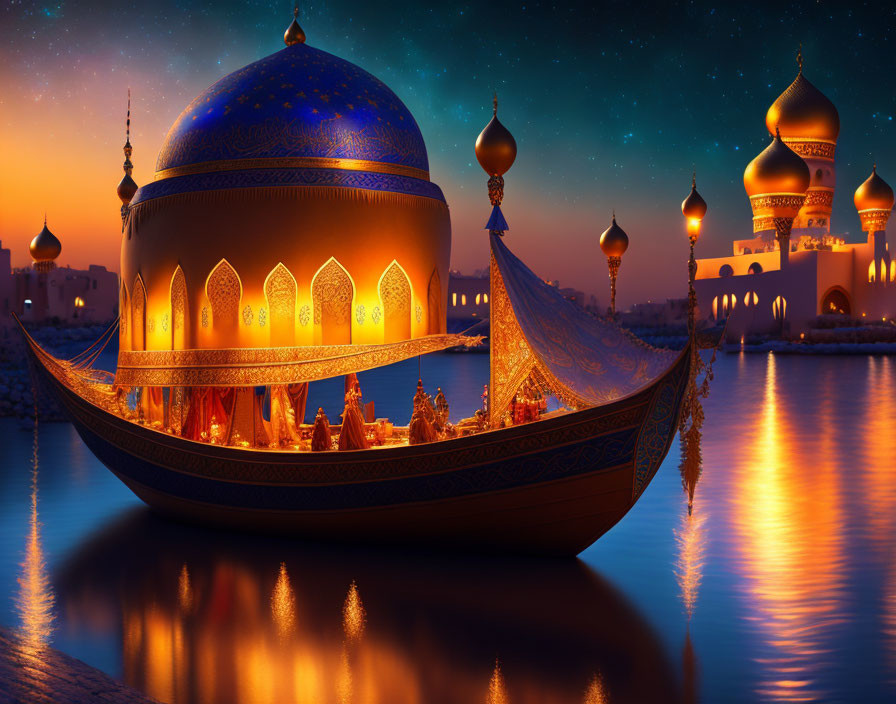 Ornate boat with glowing lamps on tranquil water near grand domed buildings at twilight