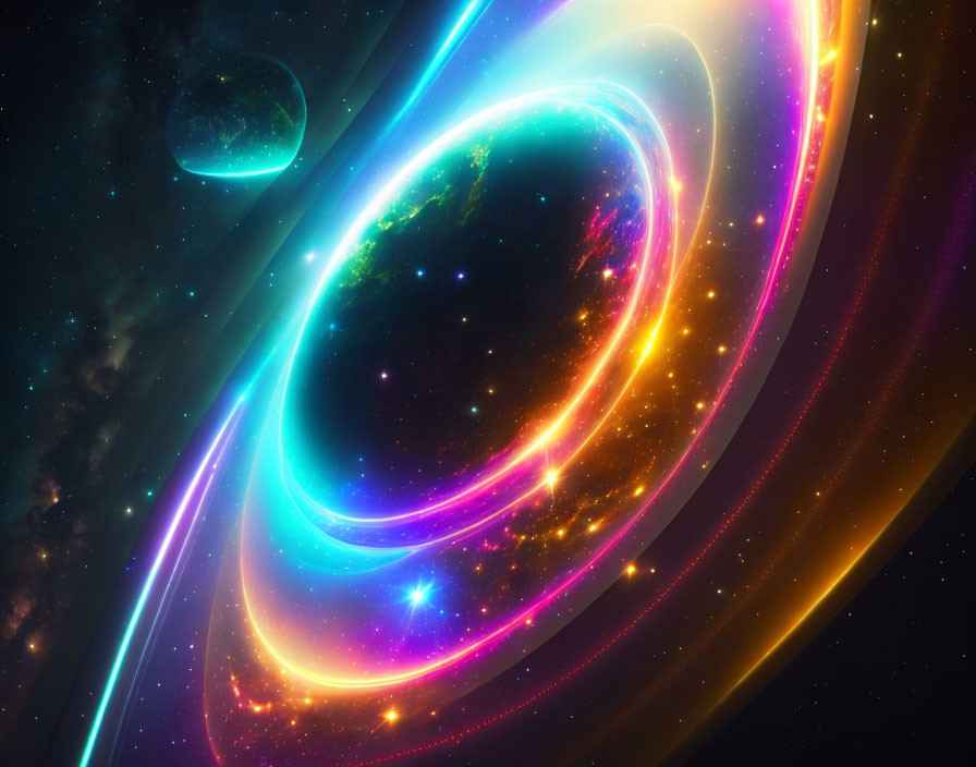 Colorful cosmic rings around green planet in space.