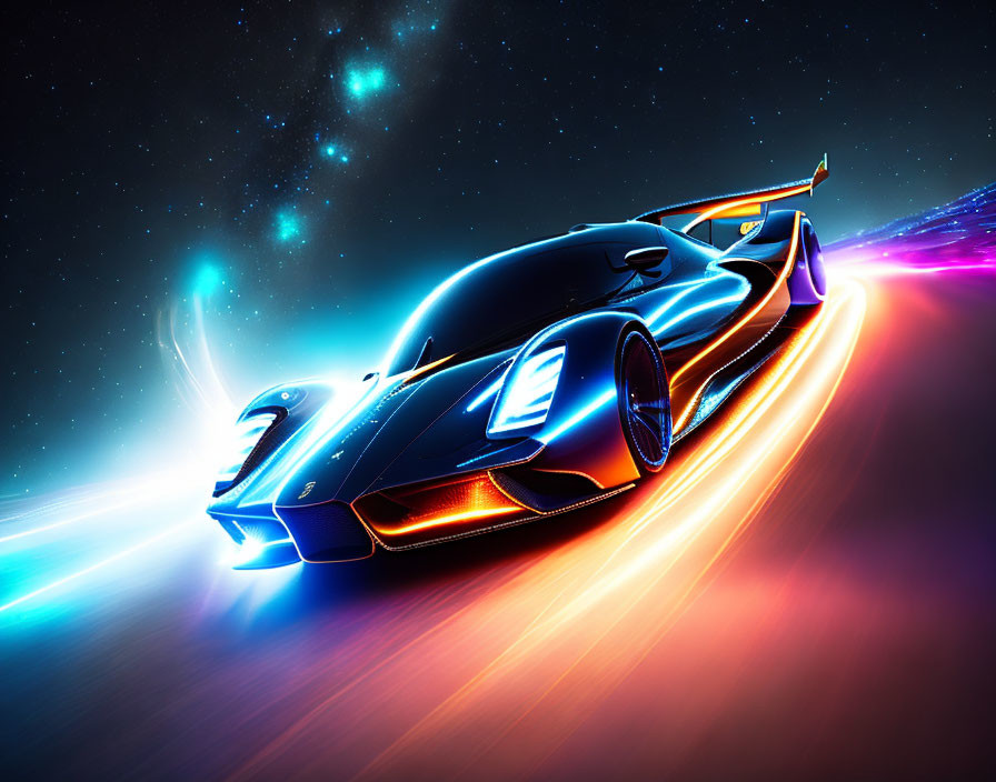 Futuristic sports car with neon underglow in vibrant sci-fi space