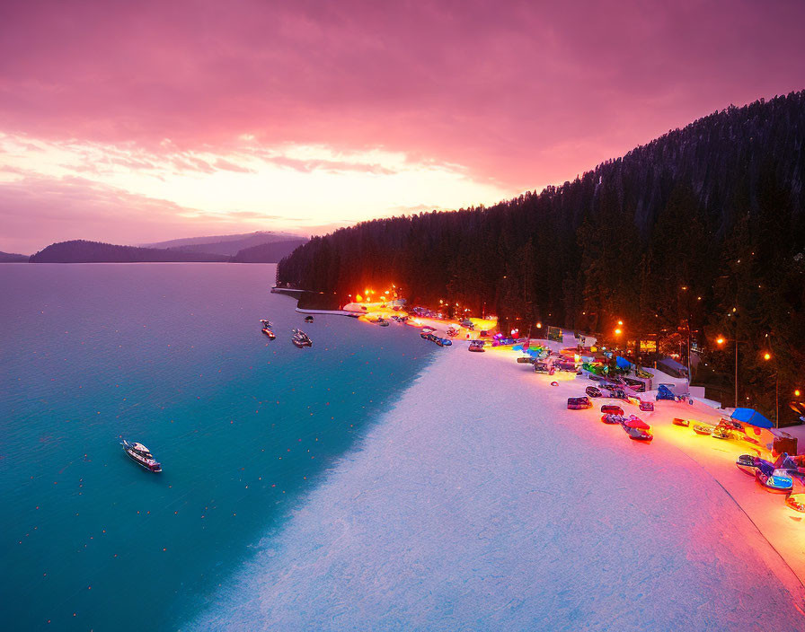 Beachside Evening Scene with Parked Cars, Boats, and Violet Sky