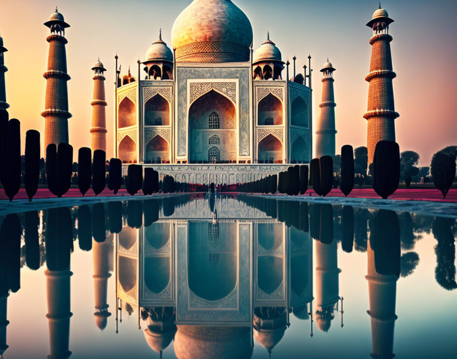 Sunset view of Taj Mahal with symmetrical reflection, clear blue sky, and warm colors