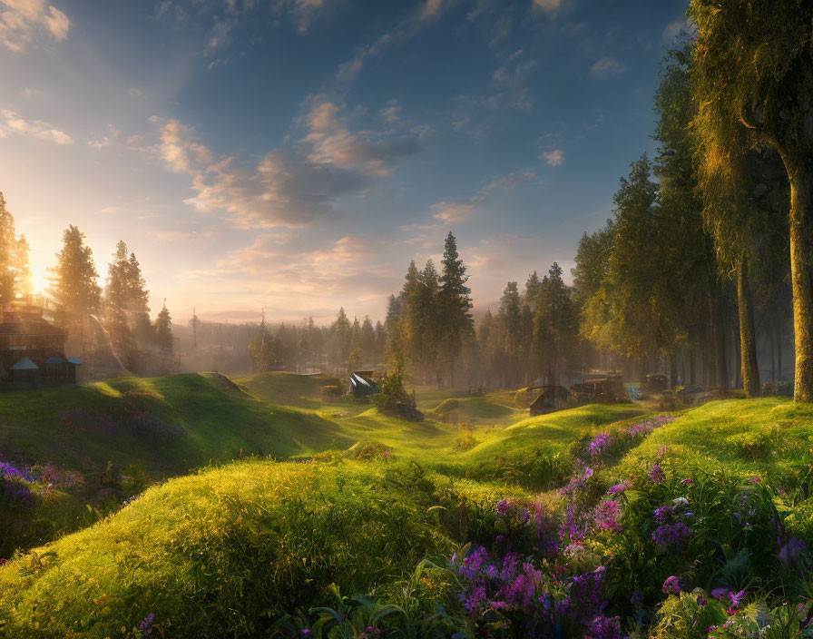 Tranquil sunrise over hilly landscape with rustic cabins and misty sky