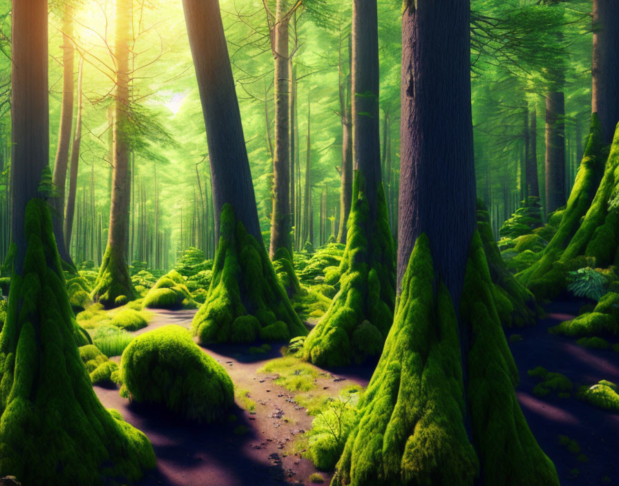 Lush green forest with sunlight filtering through tall trees